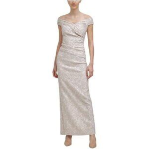 Calvin Klein Champagne & Metallic Gold Filigree Off Shoulder Gown